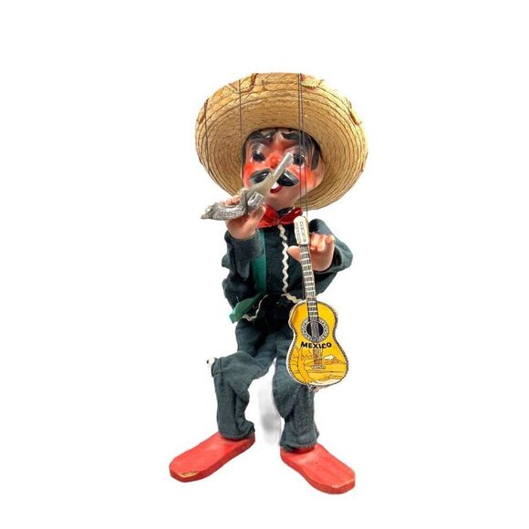 Vintage Mexican Marionette String Puppet With Sombrero & Guitar Hombre READ